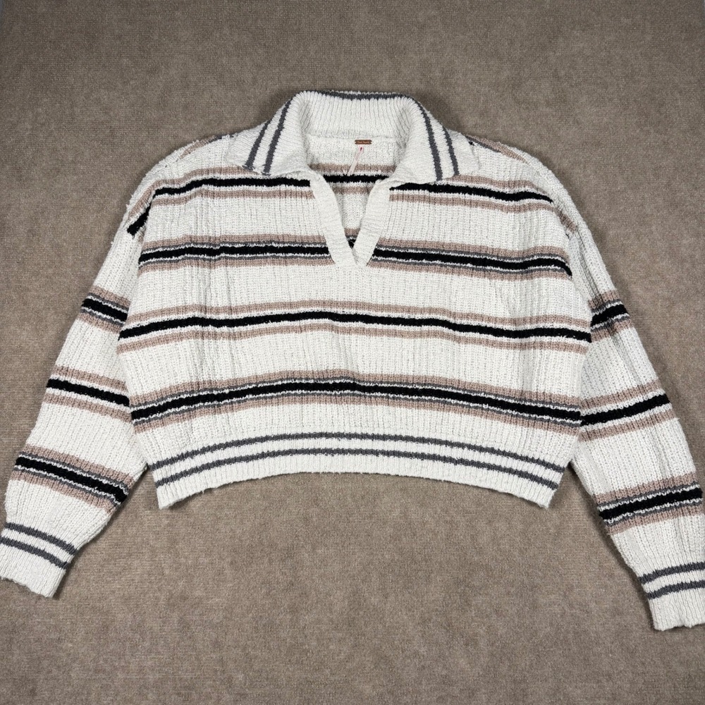 Free People Kennedy Striped Cropped Polo Sweater Sz XL Cream Tan Black Bohemian